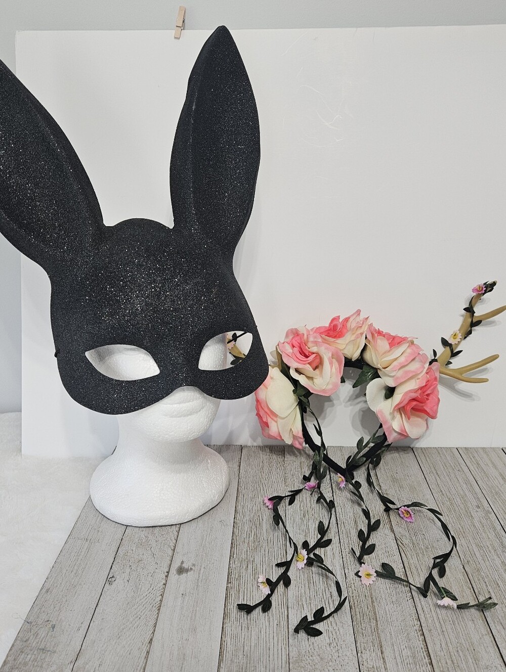 Bad Bunny Glitter Rabbit Mask & Floral Deer Antler Headband Halloween Costume